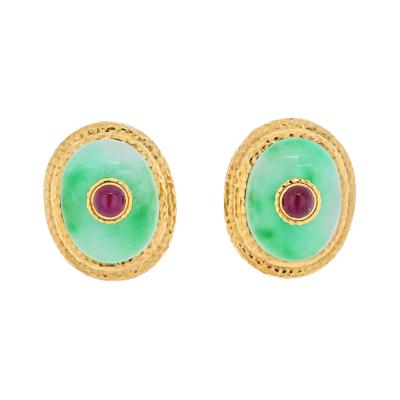 David Webb DAVID WEBB PLATINUM 18K YELLOW GOLD LARGE OVERSIZED JADE RUBY CLIP ON EARRINGS