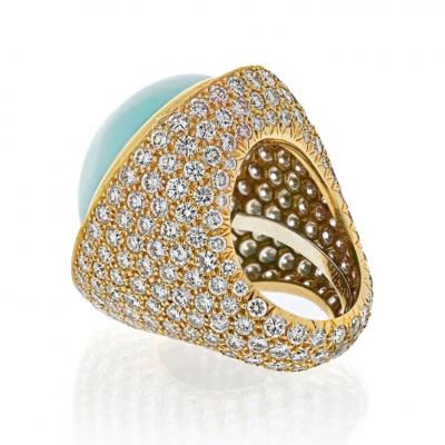 David Webb DAVID WEBB PLATINUM 18K YELLOW GOLD LARGE TURQUOISE AND DIAMOND RING