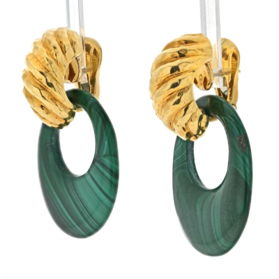 David Webb DAVID WEBB PLATINUM 18K YELLOW GOLD MALACHITE DOOR KNOCKERS EARRINGS