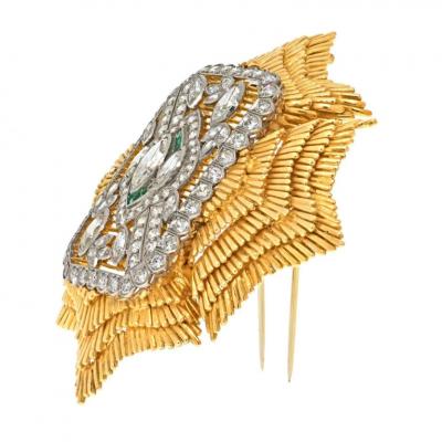 David Webb DAVID WEBB PLATINUM 18K YELLOW GOLD MALTESE DIAMOND AND EMERALD BROOCH