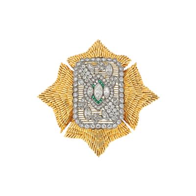 David Webb DAVID WEBB PLATINUM 18K YELLOW GOLD MALTESE DIAMOND AND EMERALD BROOCH