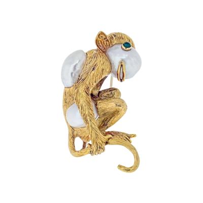 David Webb DAVID WEBB PLATINUM 18K YELLOW GOLD MONKEY ON A PEARL AND EMERALD EYES BROOCH