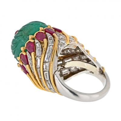 David Webb DAVID WEBB PLATINUM 18K YELLOW GOLD MUGHAL CARVED EMERALD AND RUBY RING