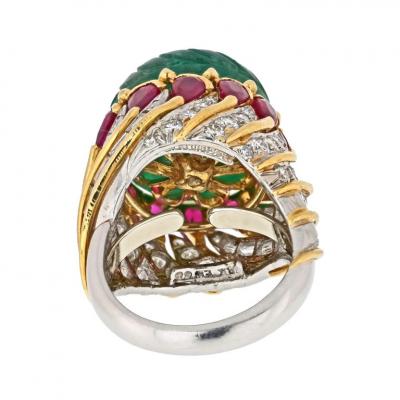 David Webb DAVID WEBB PLATINUM 18K YELLOW GOLD MUGHAL CARVED EMERALD AND RUBY RING