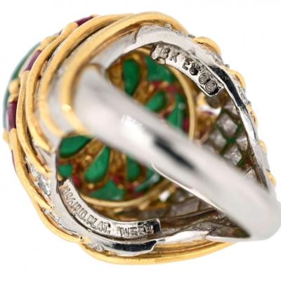 David Webb DAVID WEBB PLATINUM 18K YELLOW GOLD MUGHAL CARVED EMERALD AND RUBY RING