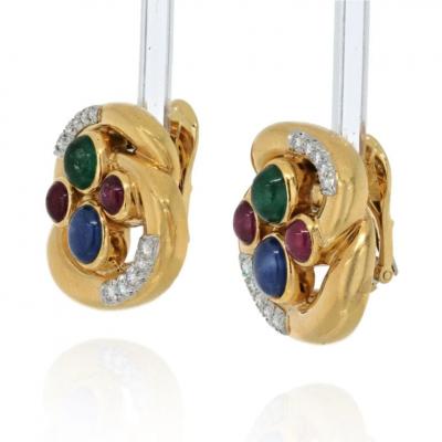 David Webb DAVID WEBB PLATINUM 18K YELLOW GOLD MULTI COLOR GEMSTONE AND DIAMOND EARRINGS