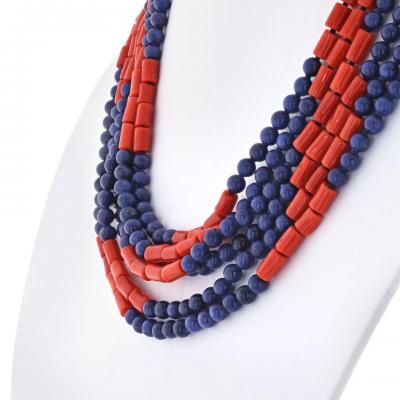 David Webb DAVID WEBB PLATINUM 18K YELLOW GOLD MULTI STRAND LAPIS CORAL NECKLACE