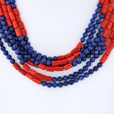David Webb DAVID WEBB PLATINUM 18K YELLOW GOLD MULTI STRAND LAPIS CORAL NECKLACE