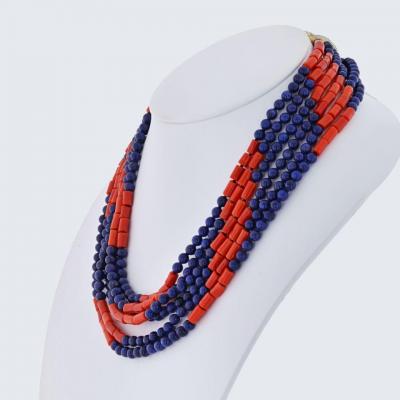 David Webb DAVID WEBB PLATINUM 18K YELLOW GOLD MULTI STRAND LAPIS CORAL NECKLACE