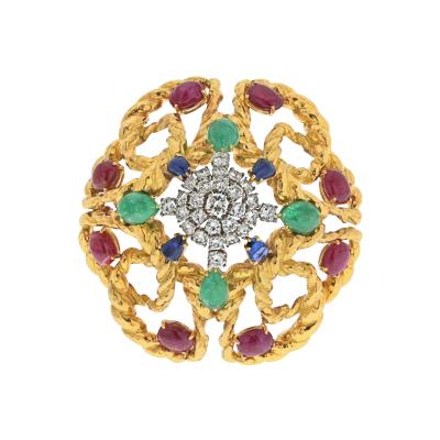 David Webb DAVID WEBB PLATINUM 18K YELLOW GOLD MULTIGEM EMERALD RUBY AND DIAMOND BROOCH