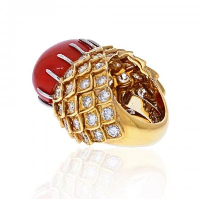 David Webb DAVID WEBB PLATINUM 18K YELLOW GOLD OVAL CORAL AND DIAMOND 1970S RING