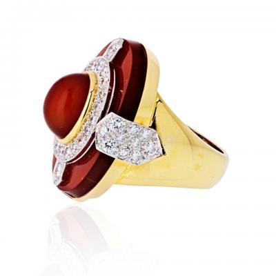 David Webb DAVID WEBB PLATINUM 18K YELLOW GOLD OVAL CUT CARNELIAN DIAMOND RING