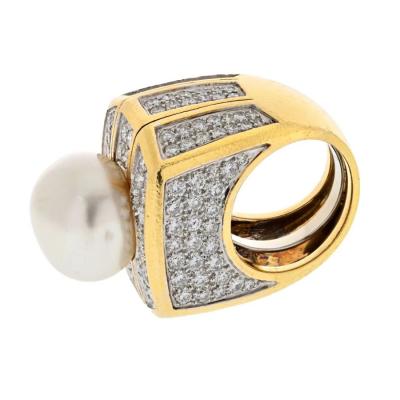 David Webb DAVID WEBB PLATINUM 18K YELLOW GOLD PEARL AND 9 00CTTW DIAMOND RING