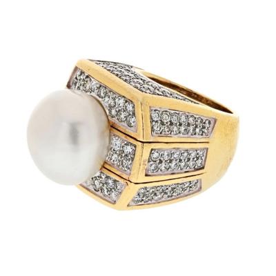 David Webb DAVID WEBB PLATINUM 18K YELLOW GOLD PEARL AND 9 00CTTW DIAMOND RING