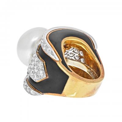 David Webb DAVID WEBB PLATINUM 18K YELLOW GOLD PEARL DIAMOND BLACK ENAMEL RING