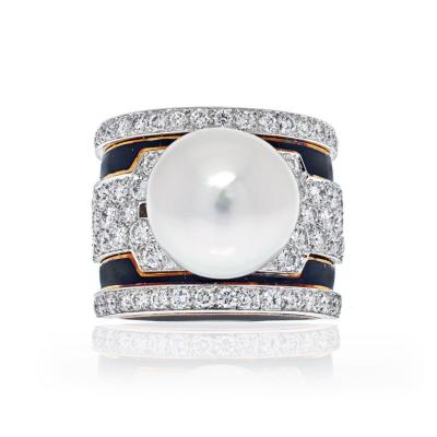David Webb DAVID WEBB PLATINUM 18K YELLOW GOLD PEARL DIAMOND BLACK ENAMEL RING