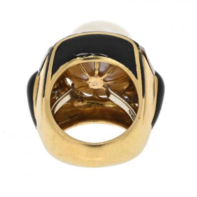 David Webb DAVID WEBB PLATINUM 18K YELLOW GOLD PEARL DIAMOND BLACK ENAMEL RING