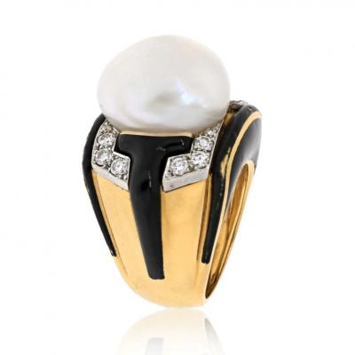 David Webb DAVID WEBB PLATINUM 18K YELLOW GOLD PEARL DIAMOND BLACK ENAMEL RING