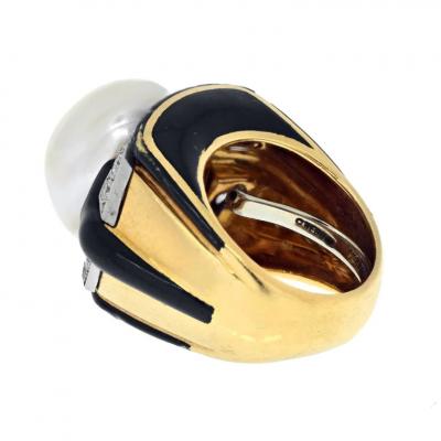 David Webb DAVID WEBB PLATINUM 18K YELLOW GOLD PEARL DIAMOND BLACK ENAMEL RING