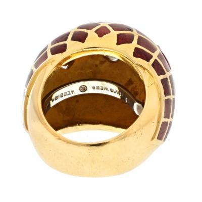 David Webb DAVID WEBB PLATINUM 18K YELLOW GOLD RED ENAMEL BOMBE DIAMOND RING