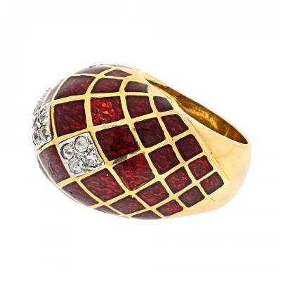 David Webb DAVID WEBB PLATINUM 18K YELLOW GOLD RED ENAMEL BOMBE DIAMOND RING