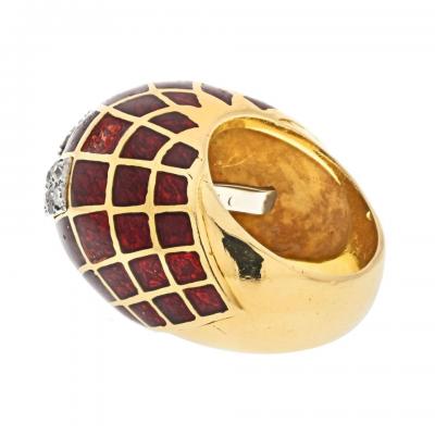 David Webb DAVID WEBB PLATINUM 18K YELLOW GOLD RED ENAMEL BOMBE DIAMOND RING