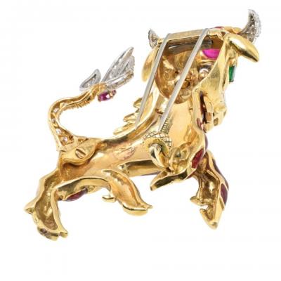 David Webb DAVID WEBB PLATINUM 18K YELLOW GOLD RED ENAMEL BULL BROOCH