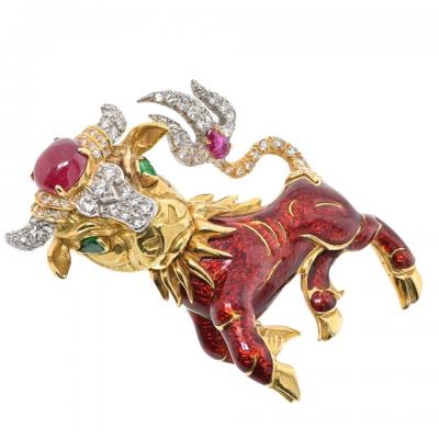 David Webb DAVID WEBB PLATINUM 18K YELLOW GOLD RED ENAMEL BULL BROOCH