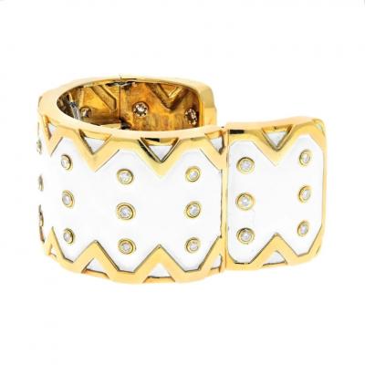 David Webb DAVID WEBB PLATINUM 18K YELLOW GOLD RICKRACK WHITE ENAMEL DIAMOND BRACELET