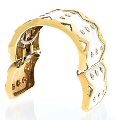 David Webb DAVID WEBB PLATINUM 18K YELLOW GOLD RICKRACK WHITE ENAMEL DIAMOND BRACELET