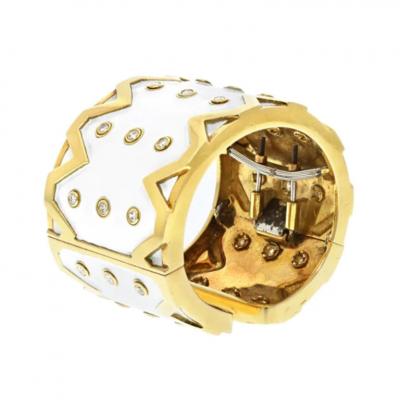 David Webb DAVID WEBB PLATINUM 18K YELLOW GOLD RICKRACK WHITE ENAMEL DIAMOND BRACELET