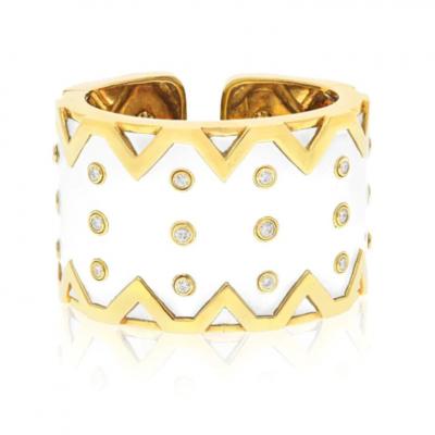 David Webb DAVID WEBB PLATINUM 18K YELLOW GOLD RICKRACK WHITE ENAMEL DIAMOND BRACELET