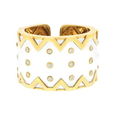 David Webb DAVID WEBB PLATINUM 18K YELLOW GOLD RICKRACK WHITE ENAMEL DIAMOND BRACELET