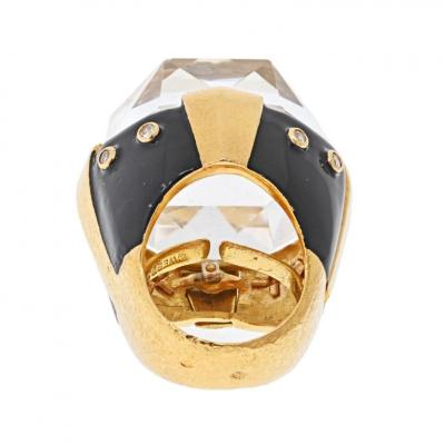 David Webb DAVID WEBB PLATINUM 18K YELLOW GOLD ROCK CRYSTAL BLACK ENAMEL DIAMOND RING