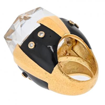 David Webb DAVID WEBB PLATINUM 18K YELLOW GOLD ROCK CRYSTAL BLACK ENAMEL DIAMOND RING