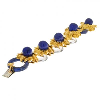 David Webb DAVID WEBB PLATINUM 18K YELLOW GOLD ROCK CRYSTAL LAPIS FLORAL STYLE BRACELET