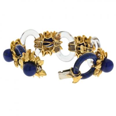 David Webb DAVID WEBB PLATINUM 18K YELLOW GOLD ROCK CRYSTAL LAPIS FLORAL STYLE BRACELET