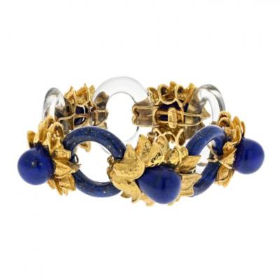 David Webb DAVID WEBB PLATINUM 18K YELLOW GOLD ROCK CRYSTAL LAPIS FLORAL STYLE BRACELET