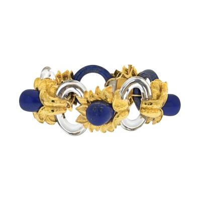 David Webb DAVID WEBB PLATINUM 18K YELLOW GOLD ROCK CRYSTAL LAPIS FLORAL STYLE BRACELET