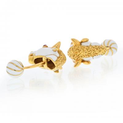 David Webb DAVID WEBB PLATINUM 18K YELLOW GOLD RUBY AND WHITE ENAMEL GOAT CUFF LINKS