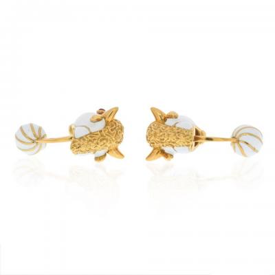 David Webb DAVID WEBB PLATINUM 18K YELLOW GOLD RUBY AND WHITE ENAMEL GOAT CUFF LINKS