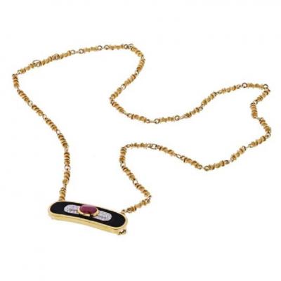 David Webb DAVID WEBB PLATINUM 18K YELLOW GOLD RUBY DIAMOND AND LACQUER PENDANT NECKLACE