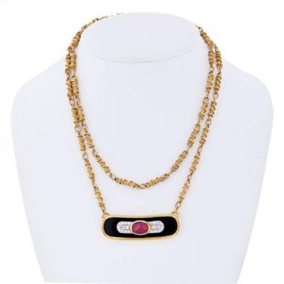 David Webb DAVID WEBB PLATINUM 18K YELLOW GOLD RUBY DIAMOND AND LACQUER PENDANT NECKLACE