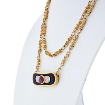 David Webb DAVID WEBB PLATINUM 18K YELLOW GOLD RUBY DIAMOND AND LACQUER PENDANT NECKLACE