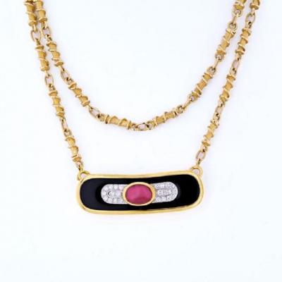 David Webb DAVID WEBB PLATINUM 18K YELLOW GOLD RUBY DIAMOND AND LACQUER PENDANT NECKLACE