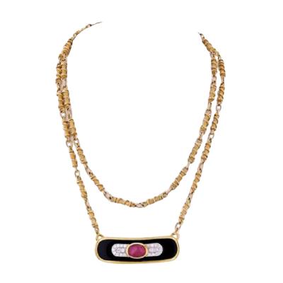 David Webb DAVID WEBB PLATINUM 18K YELLOW GOLD RUBY DIAMOND AND LACQUER PENDANT NECKLACE