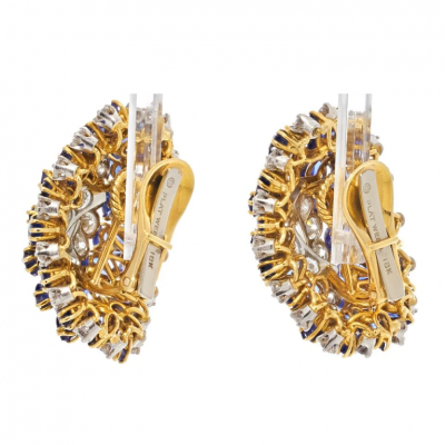 David Webb DAVID WEBB PLATINUM 18K YELLOW GOLD SAPPHIRE AND DIAMOND CLIP ON EARRINGS