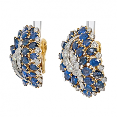 David Webb DAVID WEBB PLATINUM 18K YELLOW GOLD SAPPHIRE AND DIAMOND CLIP ON EARRINGS