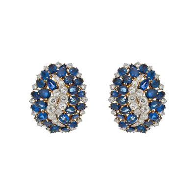 David Webb DAVID WEBB PLATINUM 18K YELLOW GOLD SAPPHIRE AND DIAMOND CLIP ON EARRINGS