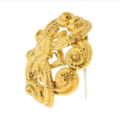 David Webb DAVID WEBB PLATINUM 18K YELLOW GOLD SCROLLED HAMMERED BROOCH